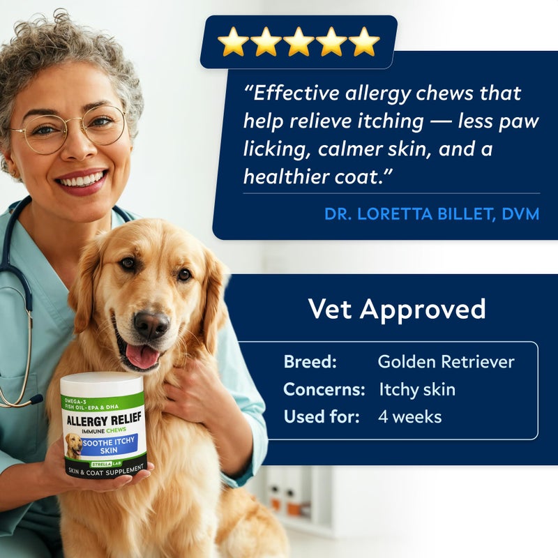 StrellaLab Dog Allergy Relief & Anti Itch Support Chews w/Omega 3: Real Ingredients, Real Taste! Skin & Coat Immune Supplement w/Fish Oil, Pumpkin & Enzymes â€” Developed by Experts - Made in USA -120Ct - Image 4
